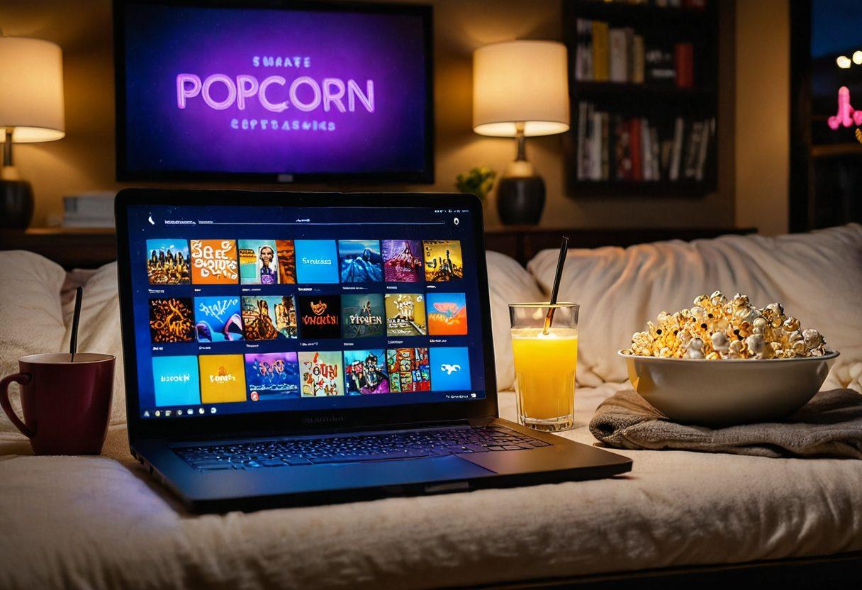 A sleek, modern laptop opened to a vibrant streaming platform filled with colorful thumbnails of adult content, surrounded by cozy pillows and a dimly lit room casting soft shadows. The atmosphere radiates a sense of privacy and thrill, with a glowing neon sign that reads 'Ultimate Streaming' above it. Include hints of popcorn and a drink to evoke a cozy viewing experience. super-realistic. vibrant colors. warm lighting.