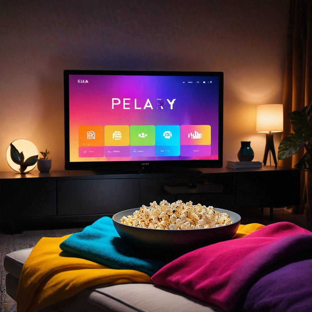 A sleek modern streaming interface showcasing various categories of adult content, with sensual visuals such as silhouettes and abstract shapes. Soft lighting creates an inviting atmosphere, while a computer screen displays a 'Play' button glowing enticingly. Include elements like popcorn and a cozy blanket to evoke a comfortable viewing experience. vibrant colors. digital art. modern design.