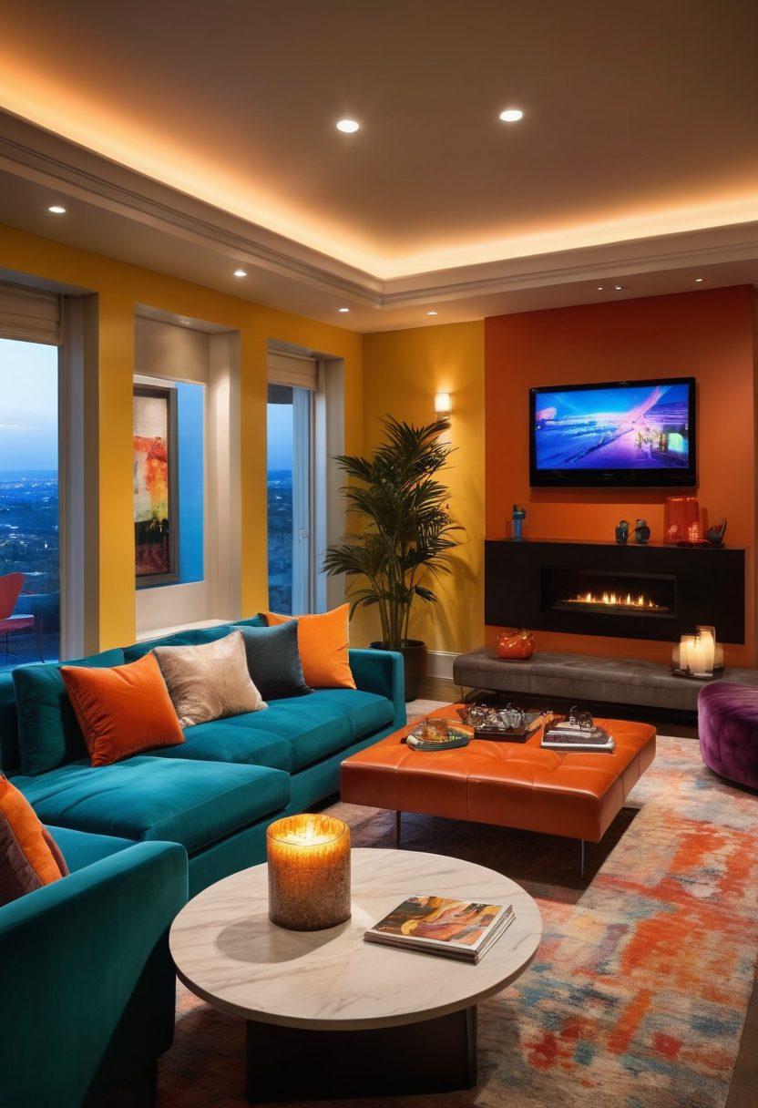 A sleek and sophisticated living room setting with a modern television showcasing dynamic colorful scenes from various adult films on the screen. In the foreground, a stylish coffee table with a lit candle and an open notebook with tips written on it about quality adult entertainment. Soft lighting creates an intimate atmosphere, with plush seating arrangements enhancing the cozy vibe. vibrant colors. modern aesthetic. super-realistic.